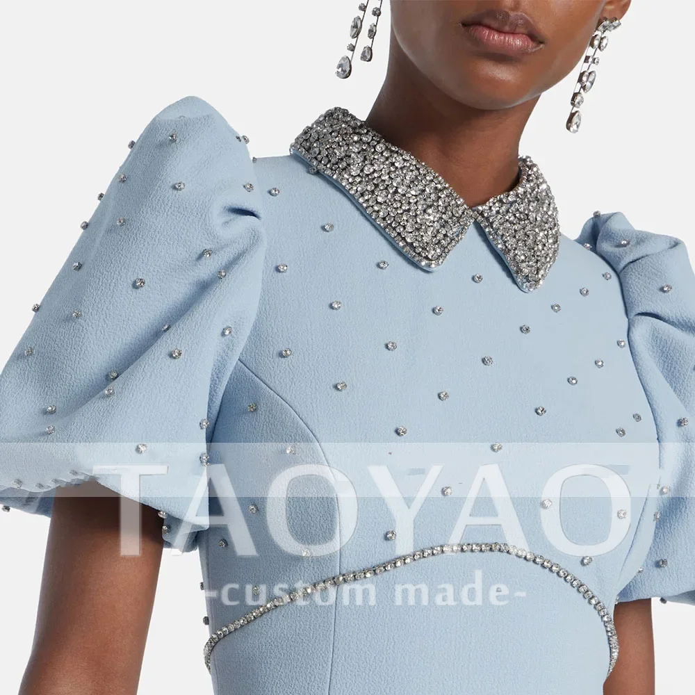 モダンなスカイブルーのイブニングドレス、ウェディング、マーメイド、ビーズ刺繍、パーティードレス、半袖、サイドスリット、プロムドレス、ビーズ刺繍、サウジドレス