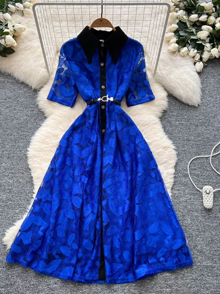 우아한 하이웨이스트 A라인 드레스 한국 스타일 반팔 레이스 여성 드레스 우아한 롱 스커트 컬러 블록 턴다운 칼라