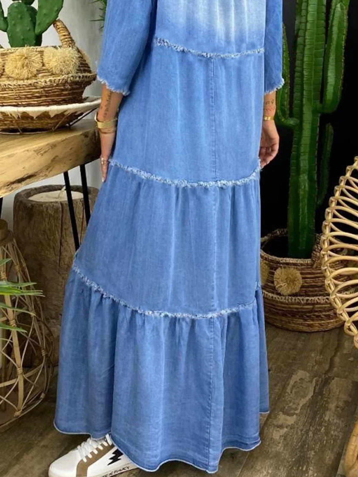 Denim Long Dress Women Summer Loose V Neck Half Sleeve Denim Big Swing Dresses Lady Fashion Casual Stitching Jeans Dress 2025