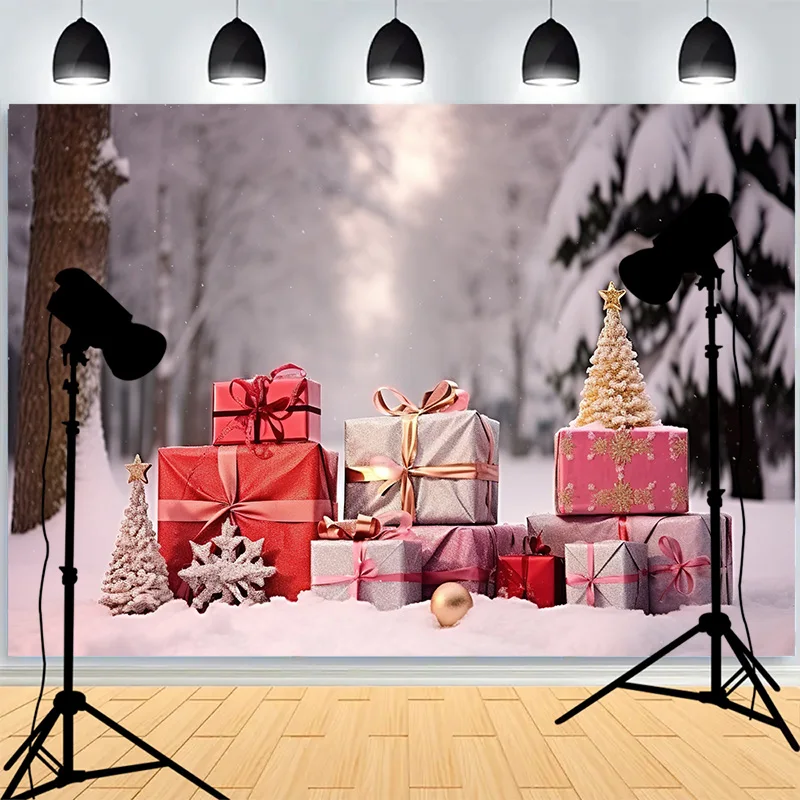 Christmas Tree Gifts Lights Wooden Background Living Room Ornament Snowflake Family Party New Year Photography Backdrops XH-16