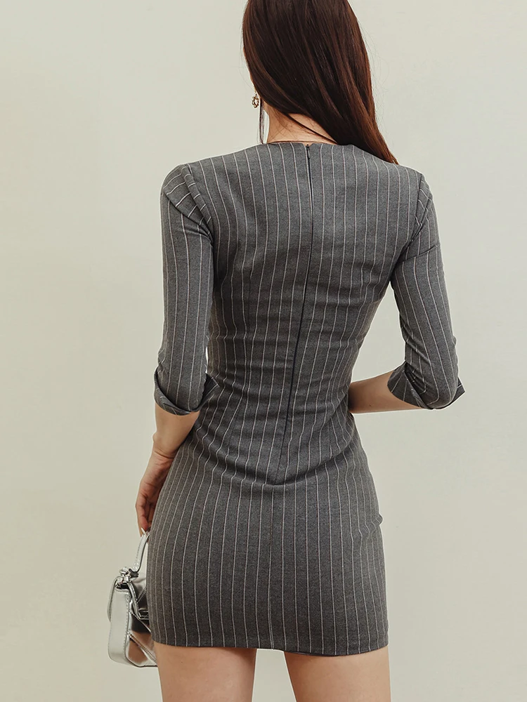 New Commute Lady Work Style Formal Pencil Dress Women Clothes Striped Elegant Office Sexy Square Collar Slim Short Mini Vestidos