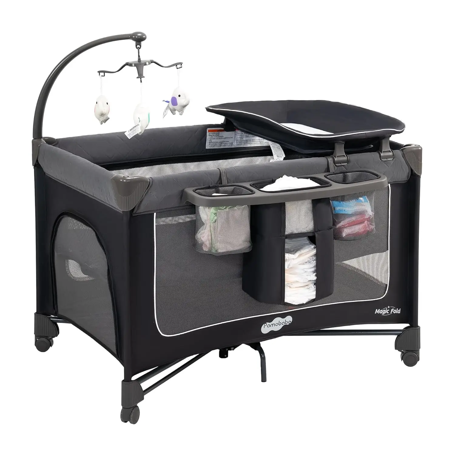 

Pamo Babe Magic Fold Pack and Play with Bassinet 1 Step Set Foldable Playards Baby Playard with Changing Table Portable Playpen