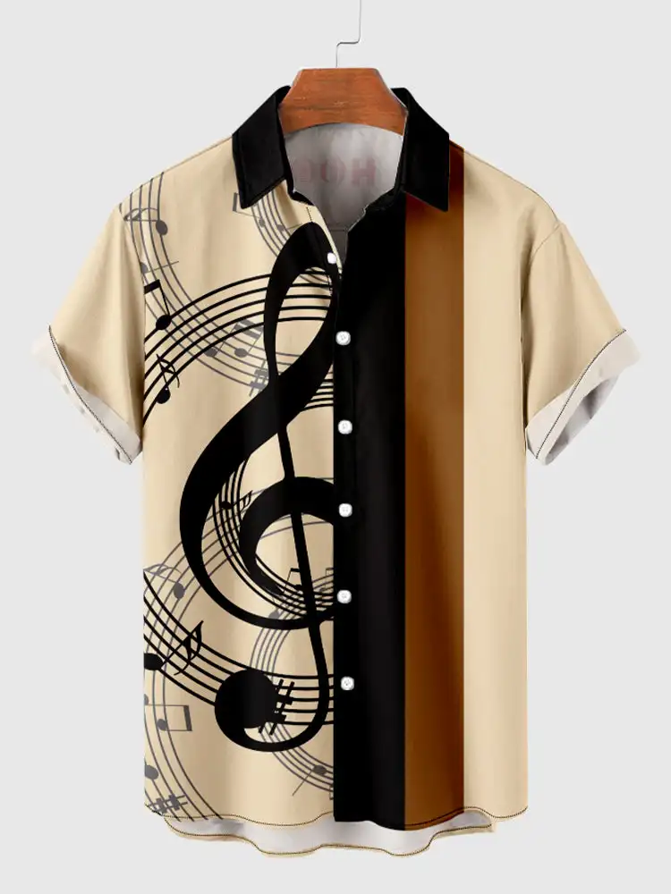 New Fashion Hawaiian Art Music Elements Notes 3D Printing Short Sleeve Shirt Fashion Hawaiian Shirts For Men Harajuku