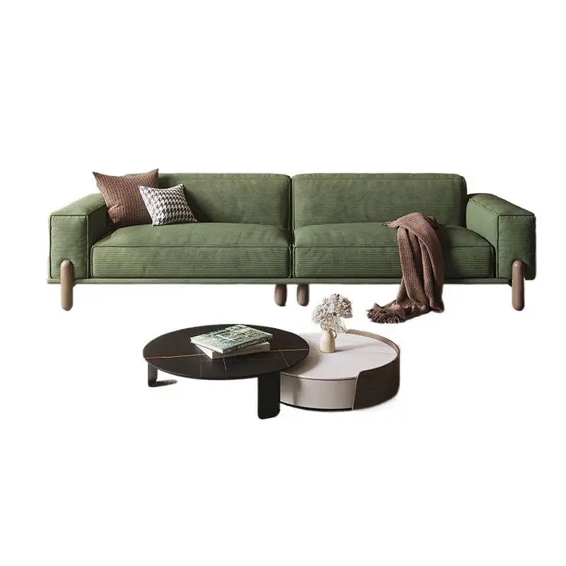 Retro straight row three people, Italian minimalist, solid wood corduroy fabric sofa
