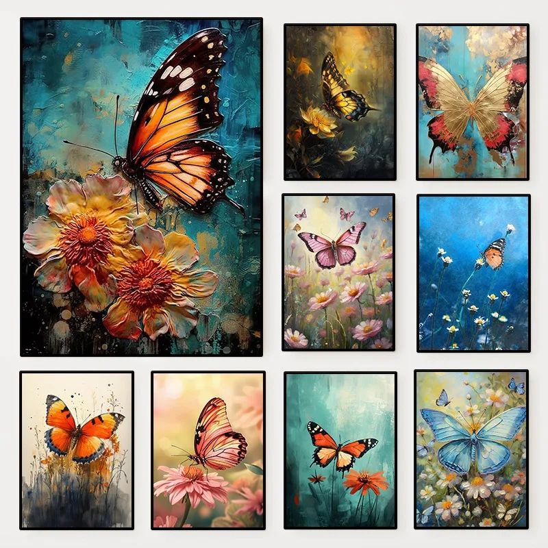 Modern Abstract Floral Butterfly Poster Colorful Insect Flower Scenery Canvas Painting Wall Art for Living Room Home Decor Mural