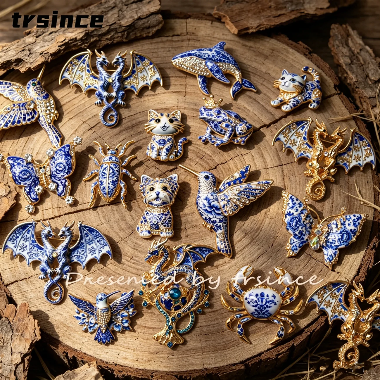 Vintage Chinese Blue White Porcelain Floral Brooches Cute Animal Series Dragon Kitten Bird Crab Lapel Pins Clothing Accessories view 2