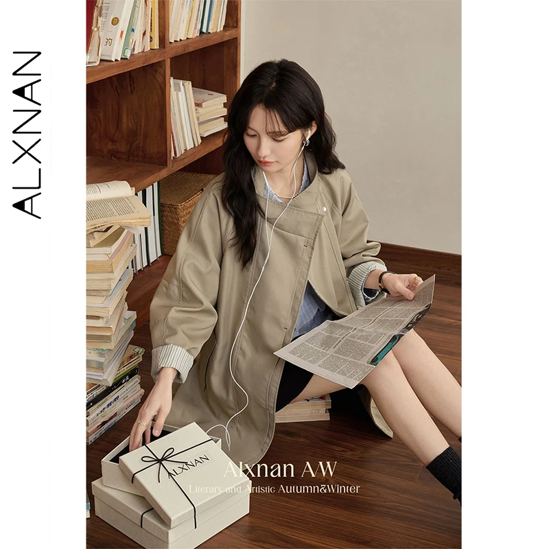 ALXNAN Niebieska Koszula Damska Jesienna Kokarda Plisowana Falbana Długi Rękaw Koszula Biurowa Casual Modna Elegancka Bluzka Damska L50602