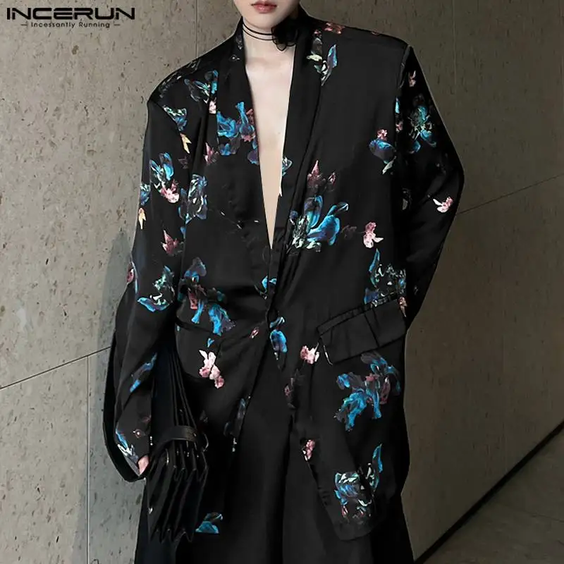 INCEURN Men Casual Blazer Notch Collar Long Sleeve One Button Vintage Floral Printed Party Clubwear Suit Autumn Outwear Jacket