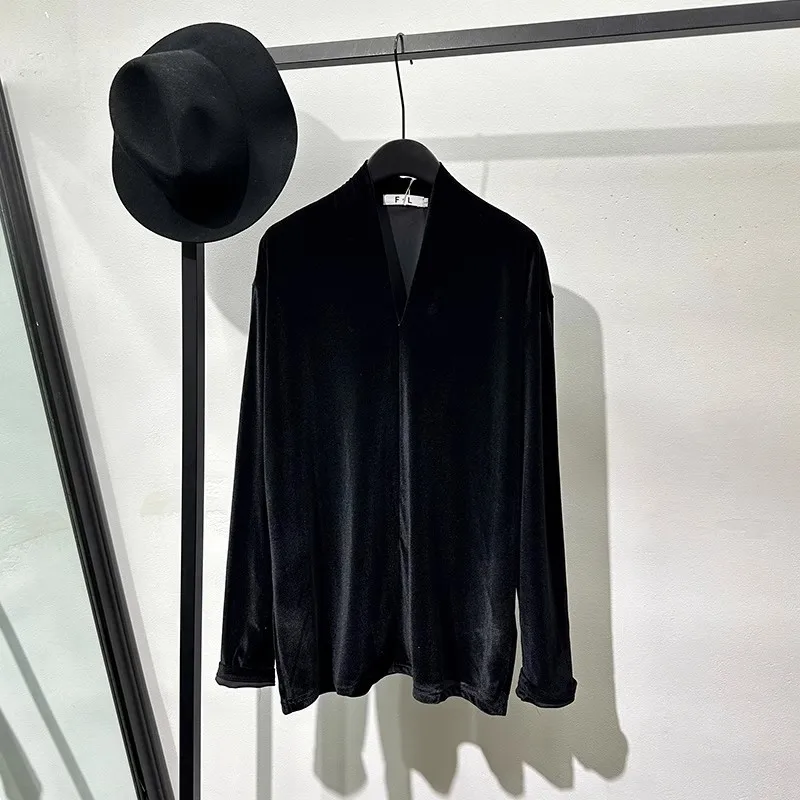 

Popular high-end fashionable velvet glossy loose V-neck long-sleeved T-shirt retro trendy brand no-iron niche temperament top