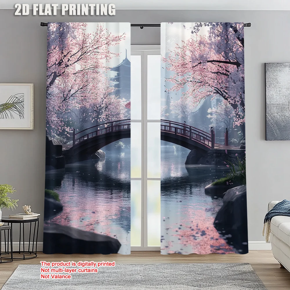 

2pc, Party Window Curtains Cherry Bridge 100% Polyester,Without Electricity Versatile Perfect for Office decoration