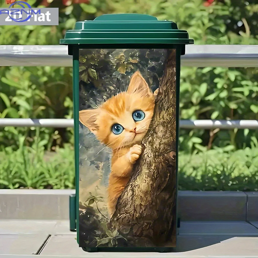 Adorable Sticker of a Curious Orange Kitten in a 2D Flat Design, Perfect for Decorating Trash Cans. It'S Waterproof, Playful,