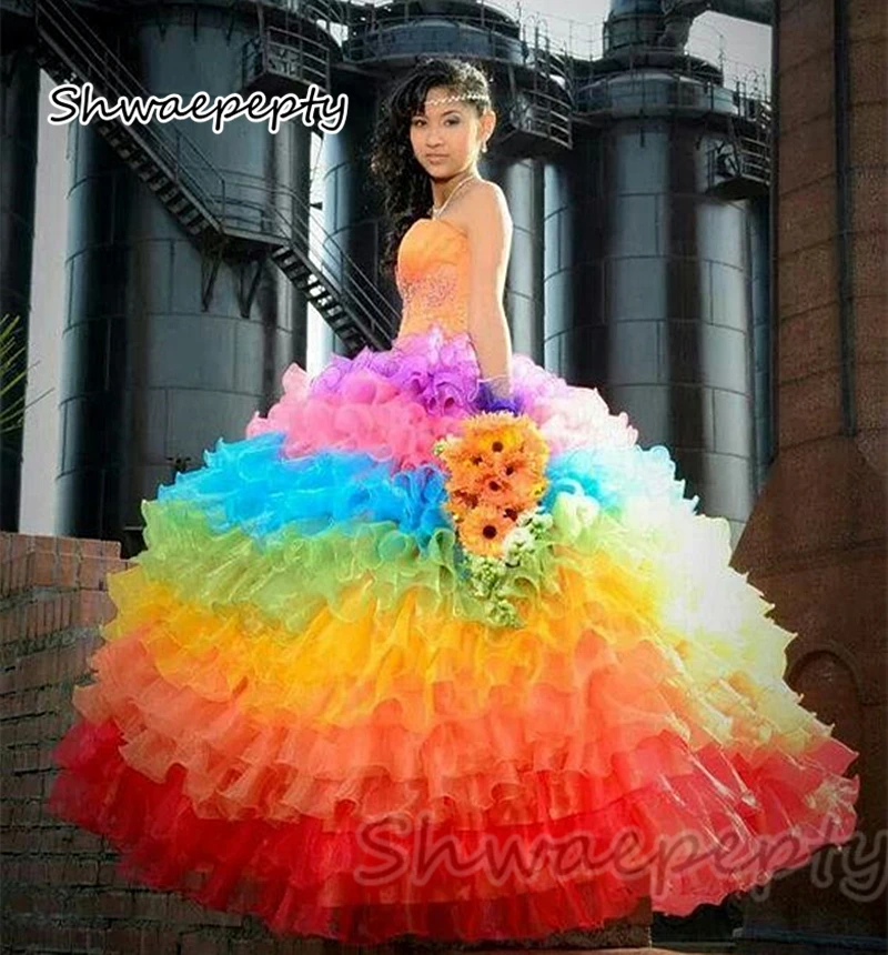 

Tiered Rainbow Organza Quinceanera Dresses Sweetheart Neck Floor Length Colorful Prom Occasion Dress For Sweet 16 Girl Party