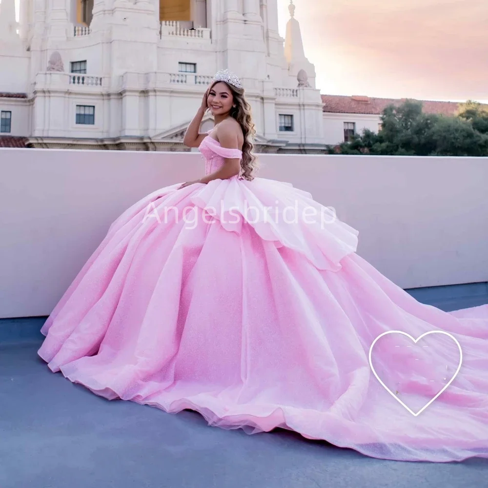 Angelsbridep Sprankelende Tule Roze Baljurk 15 Jaar Quinceanera Jurk Gelaagd Meisjes Avondjurken Vestidos De 15 Quinceañera