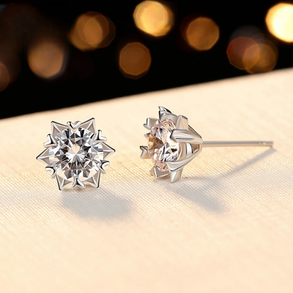 White Moissanite Eight Hearts Eight Arrows Flash Snowflake 925 Sterling Silver Stud Earrings