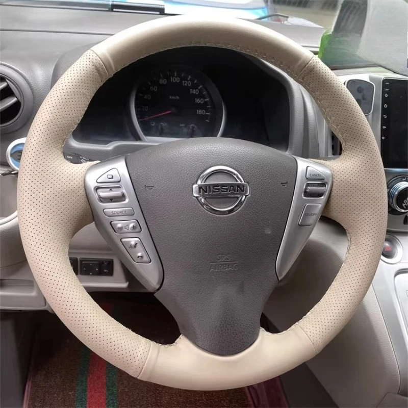 

For Nissan Tiida Sylphy 2011-2015 Sunny Sentra 2014 2015 Hand-Stitched Non-Slip Black Beige Leather Car Steering Wheel Cover