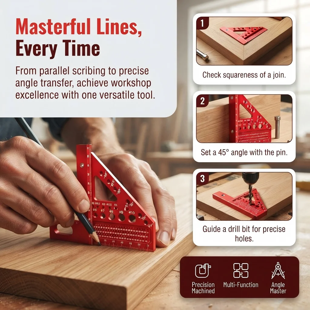 Aluminum Carpenter Square 3D Multi Angle 45/90 Layout Ruler Protractor for Woodwork & Precision Alignment Measuring Tools