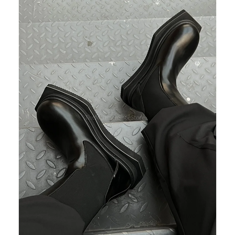 

Thick Soled High Top Chelsea Boots for Men and Couples Black Beige Leather Thick Bottom Square Big Toe Short Boots for Women