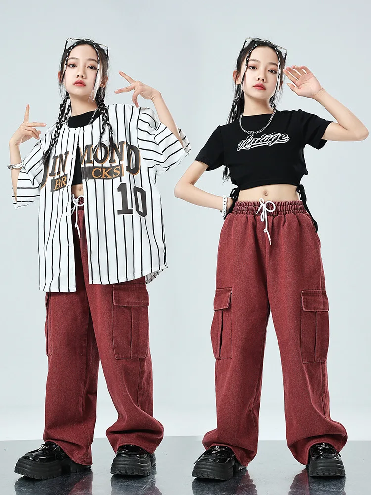 男の子女の子ヒップホップコスチュームセット子供ストリートウェアストライプ半袖野球シャツジーンズパンツスーツキッズステージショー服