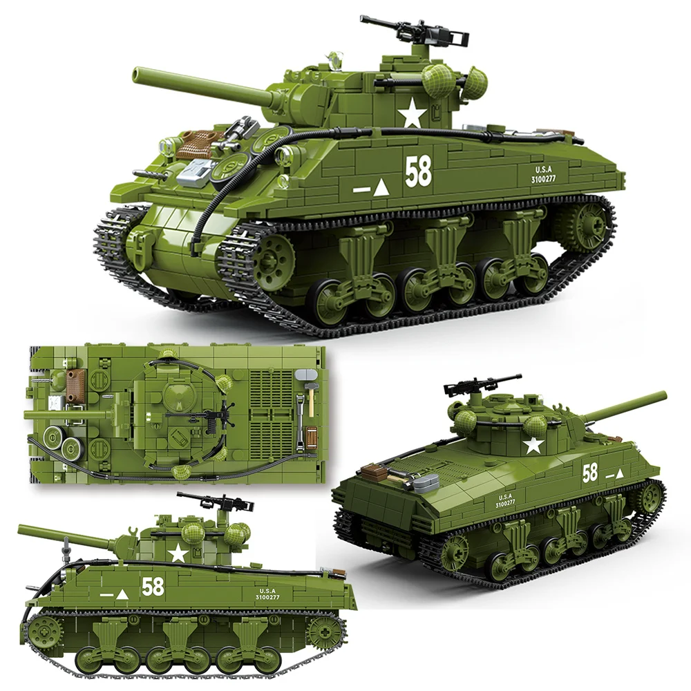 WW2 Military Army Soldiers World War 2 M4A3 Sherman Medium Tank Model MOC DIY Building Blocks Bricks Toys For Children