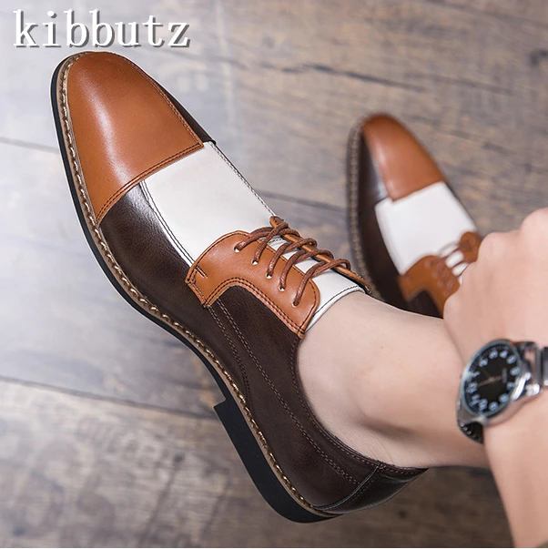 Spring New Mixed Colors Men's Business Shoes Round Toe Patchwork Oxfords PU Leather Flats Leisure Office Male Footwear