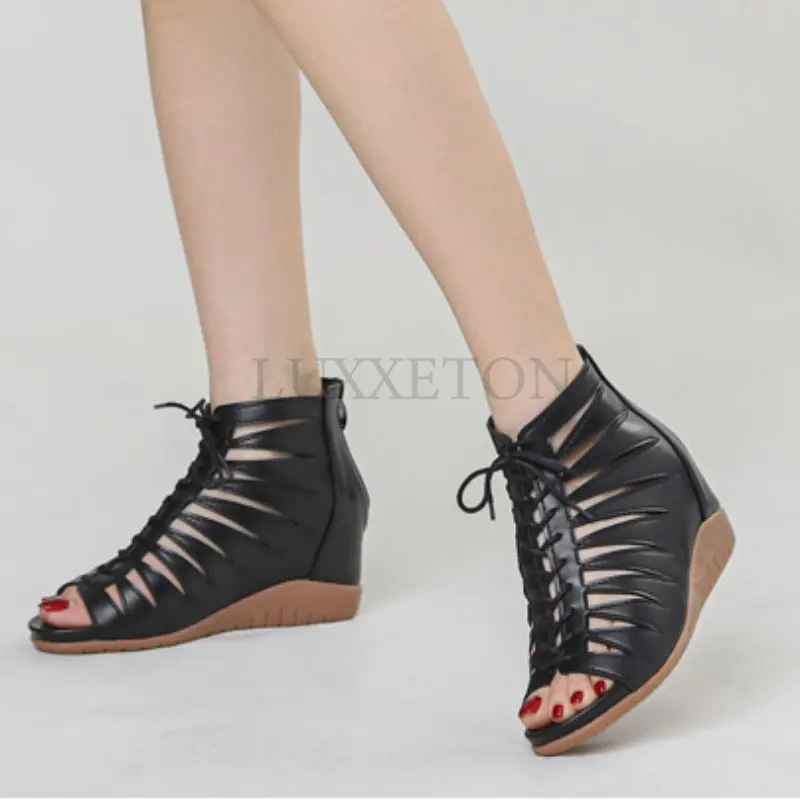 Summer Women Luxury Hollow-out Wedge Sandal Boot Gladiator Peep Toe High Heel Lace Up Zip Holiday Causal Sandal Shoe