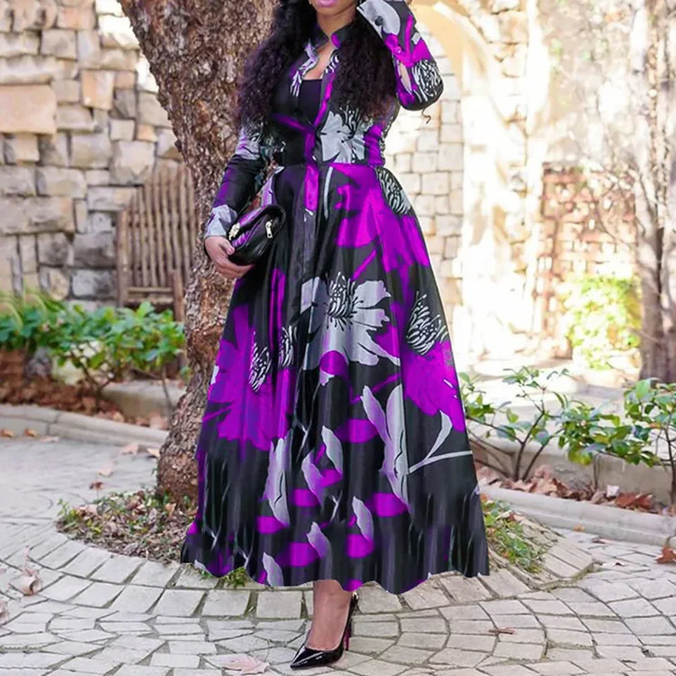 Women Long Sleeve Maxi Dress High Waist Floral Flower Printed High Waist Floor Length Dress