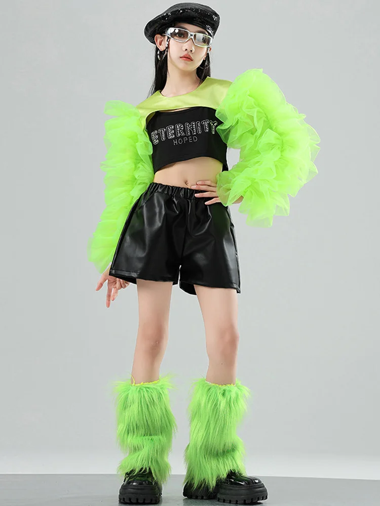 أطفال الهيب هوب ملابس الرقص الحفل مرحلة الأداء ارتداء الفتيات ملابس رقص الجاز الأخضر نفخة الأكمام الترتر القمم السراويل دعوى