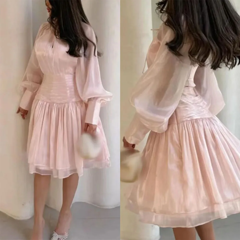 

High Quality Customized Knee Length A-line Full Sleeves Pleat Tulle Woman Vestidos Elegantes Para Mujer Para Una Boda שמלות