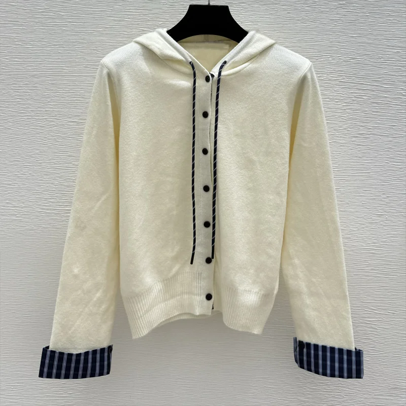 

Высококачественный женский кардиган с капюшоном на шнурке и вышитым логотипом, свитер с цветными блоками 251102197