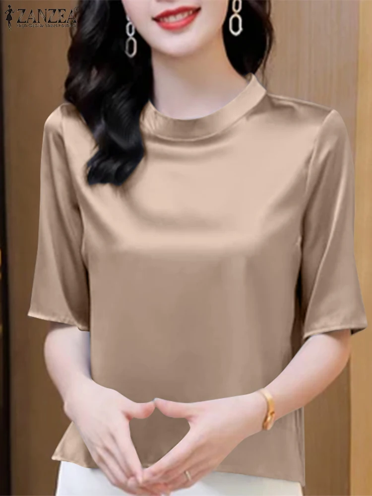 ZANZEA Women Satin Slik Blouse Fashion Stand Collar Tunics 2024 Summer Half Sleeve Solid Tops Vintage Korean Office Lady Blusas