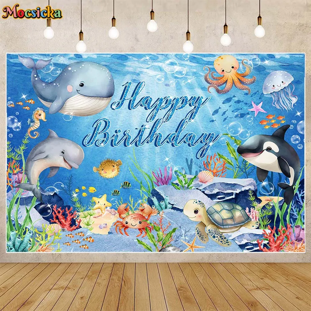 

Mocsicka Boys Birthday Backdrop Blue Under the Sea Dolphin Baby Birthday Party Background Custom Decor Banner Photo Studio Props