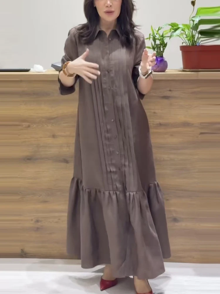 Autumn New Long Sleeve Loose Pleated Dresses Vintage Lapel Single Breasted Shirt Dress Elegant Pocket Solid Color Commute Dress