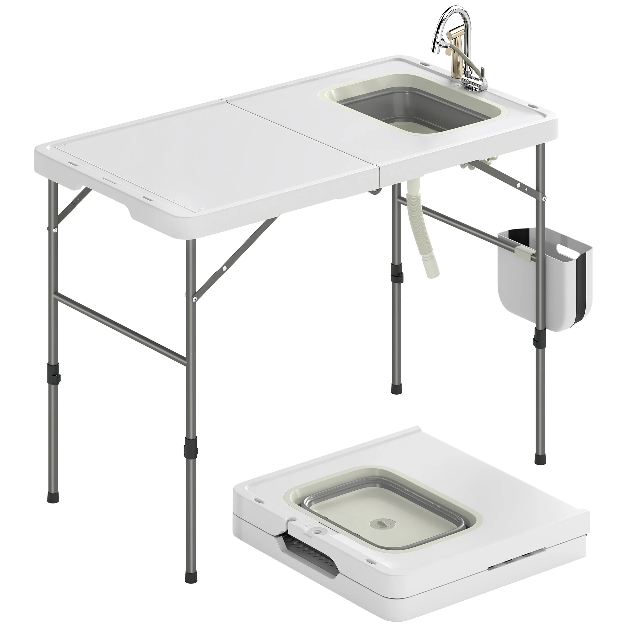 Outsunny Mesa de Limpieza de Pescado Plegable con Altura Regulable y Fregadero