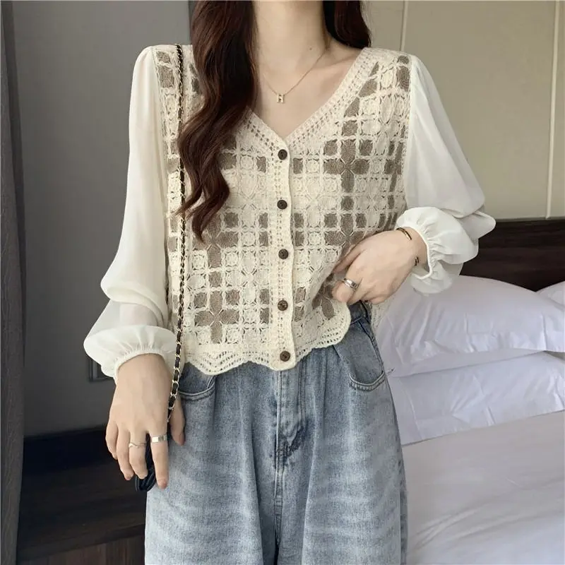 Women\'s Hollow Out Lace Shirts, Loose Tops, Casual Clothes, All-Match Temperament, Spring and Summer Fashion, New Style