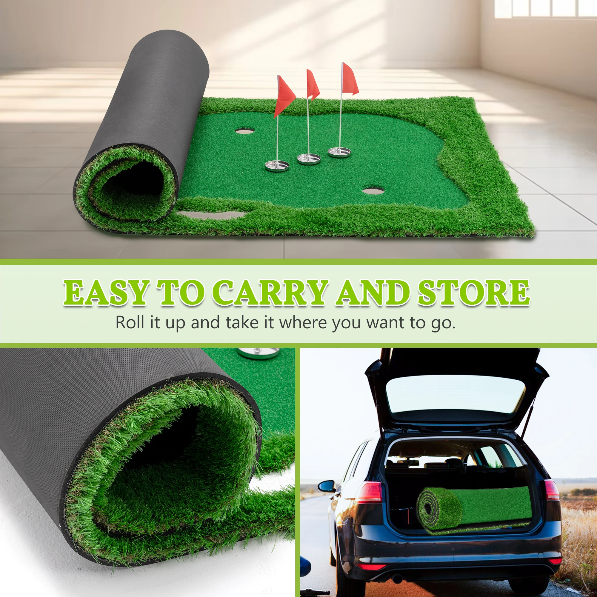 10x5 FT Golf Putting Green เสื่อฝึกซ้อมกอล์ฟพร้อมสนามหญ้าคุณภาพสูง 3 หลุม 3 ธงและถ้วยสําหรับในร่มกลางแจ้ง