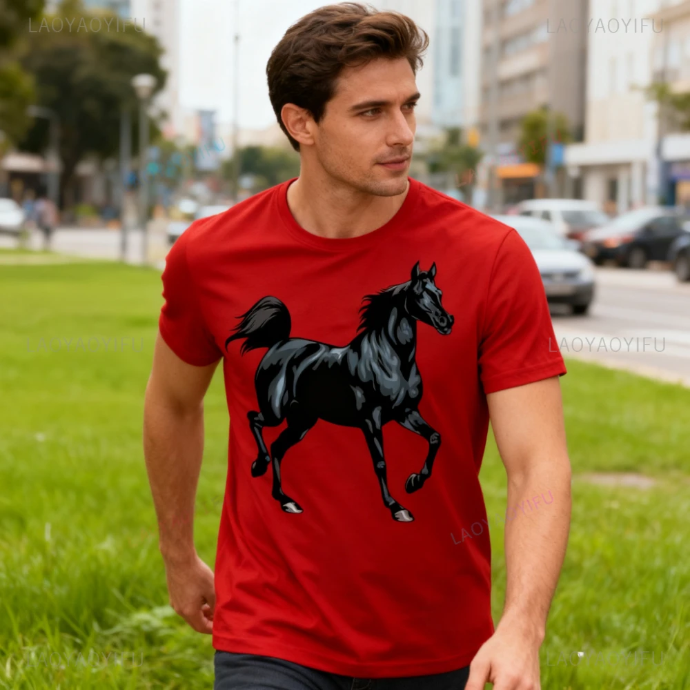 Camiseta realista de caballo árabe negro, camiseta divertida con estampado de caballo árabe, camiseta de regalo para amantes de los caballos, camisetas de algodón para hombre