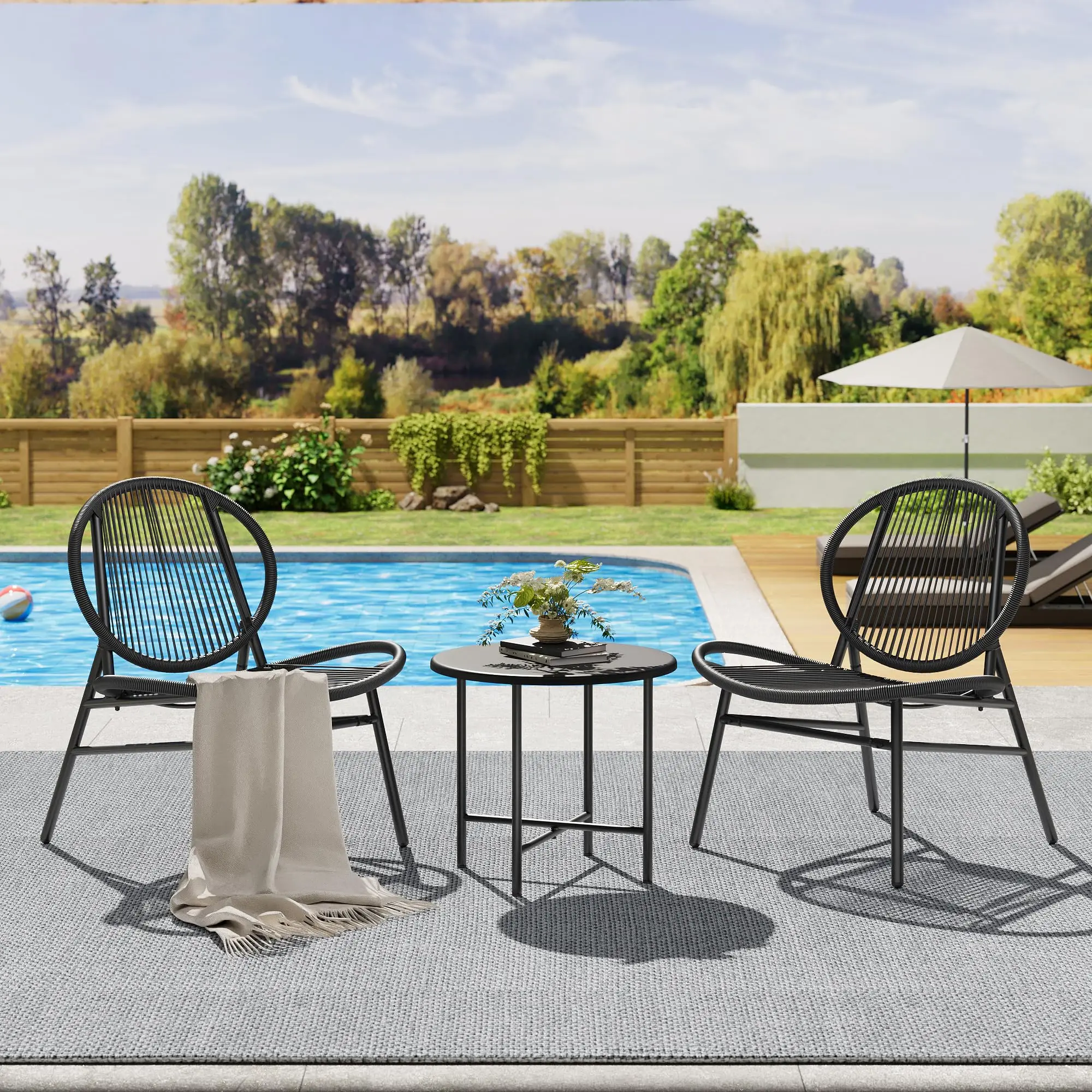 3 Pieces Outdoor Acapulco Chair Patio Bistro Set, All-Weather Acapulco Chairs with Glass Top Table, Modern Patio Conversation