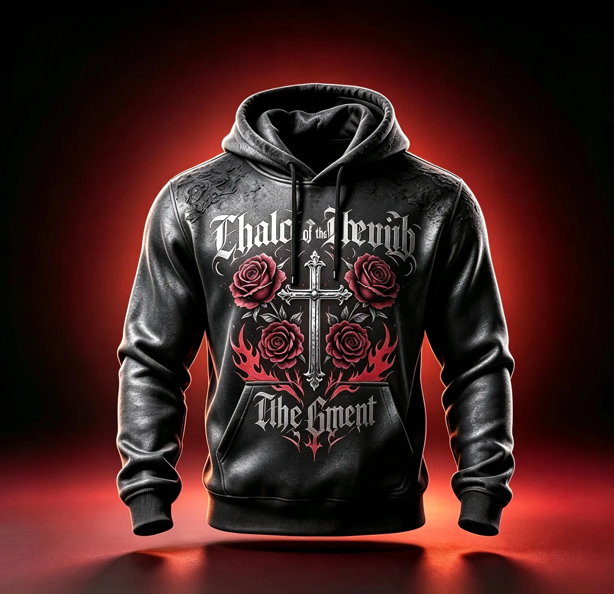Men Fleece Lined Hoodie Burgundy Gothic Cross Rose Flame Print Drawstring Pullover Sweatshirt
