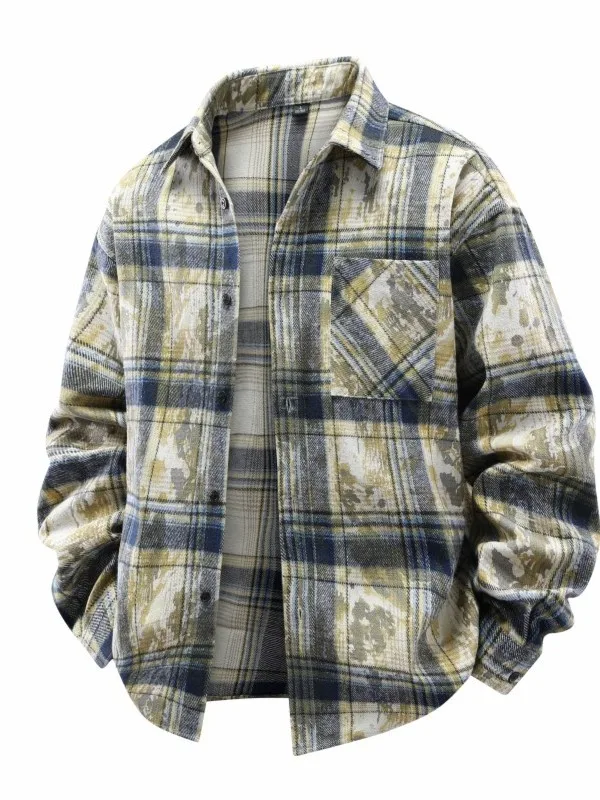 

American Retro Plaid Long Sve Men's irt Spring Autumn Loose Casual New Trend Collar Jaet Streetwear Polyester Fiber
