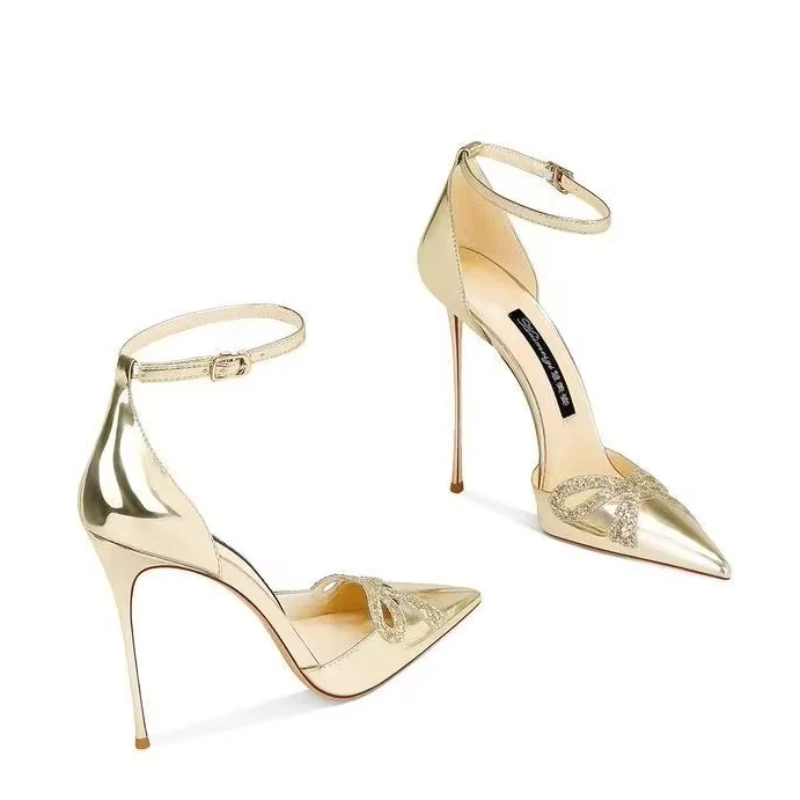 

Leather Bowknot Light Gold Hollowed-Out Toe Pointed Thin-Heel Women Shoes High Heels 2025 New Style
