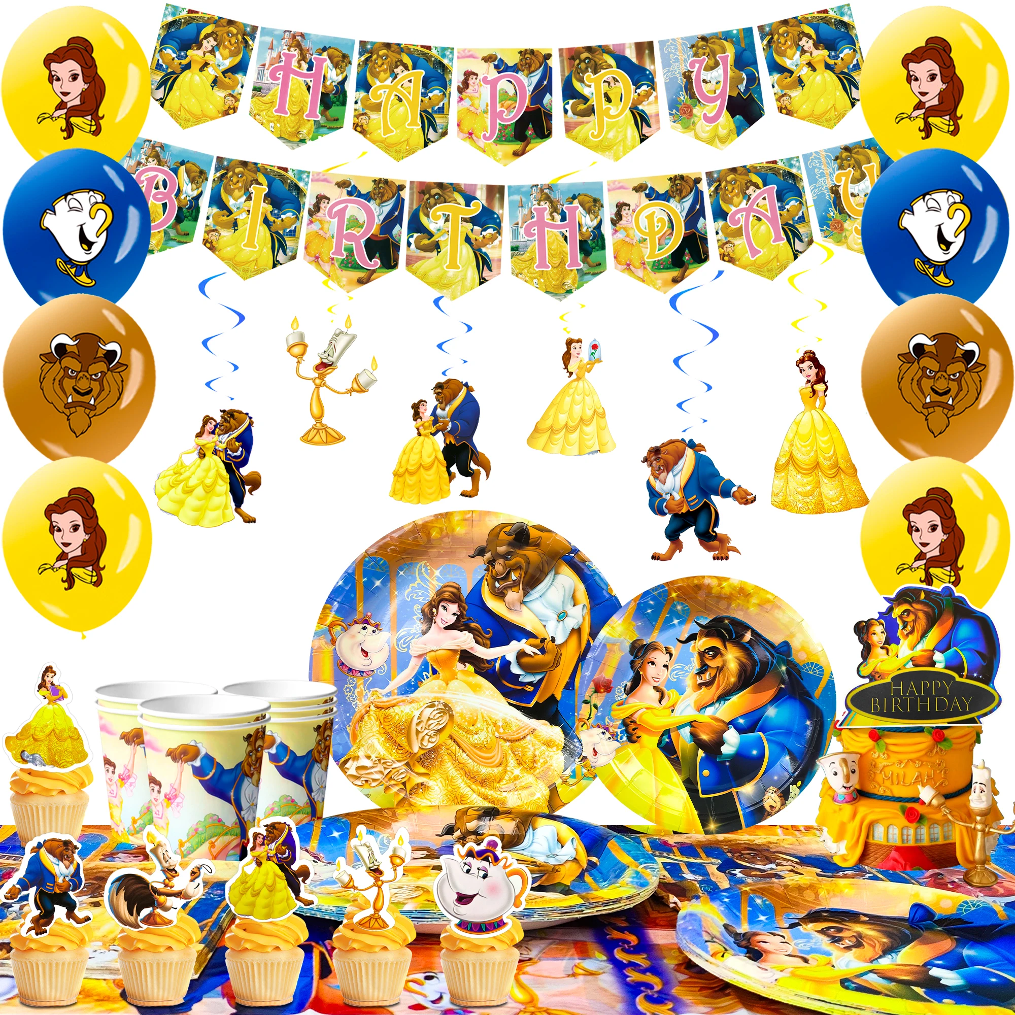 117 Piezas de Decoración y Vajilla para Fiesta de La Bella y la Bestia - Platos, Vasos, Globos, etc. Suministros para Fiesta de Cumpleaños de La Bella y la Bestia