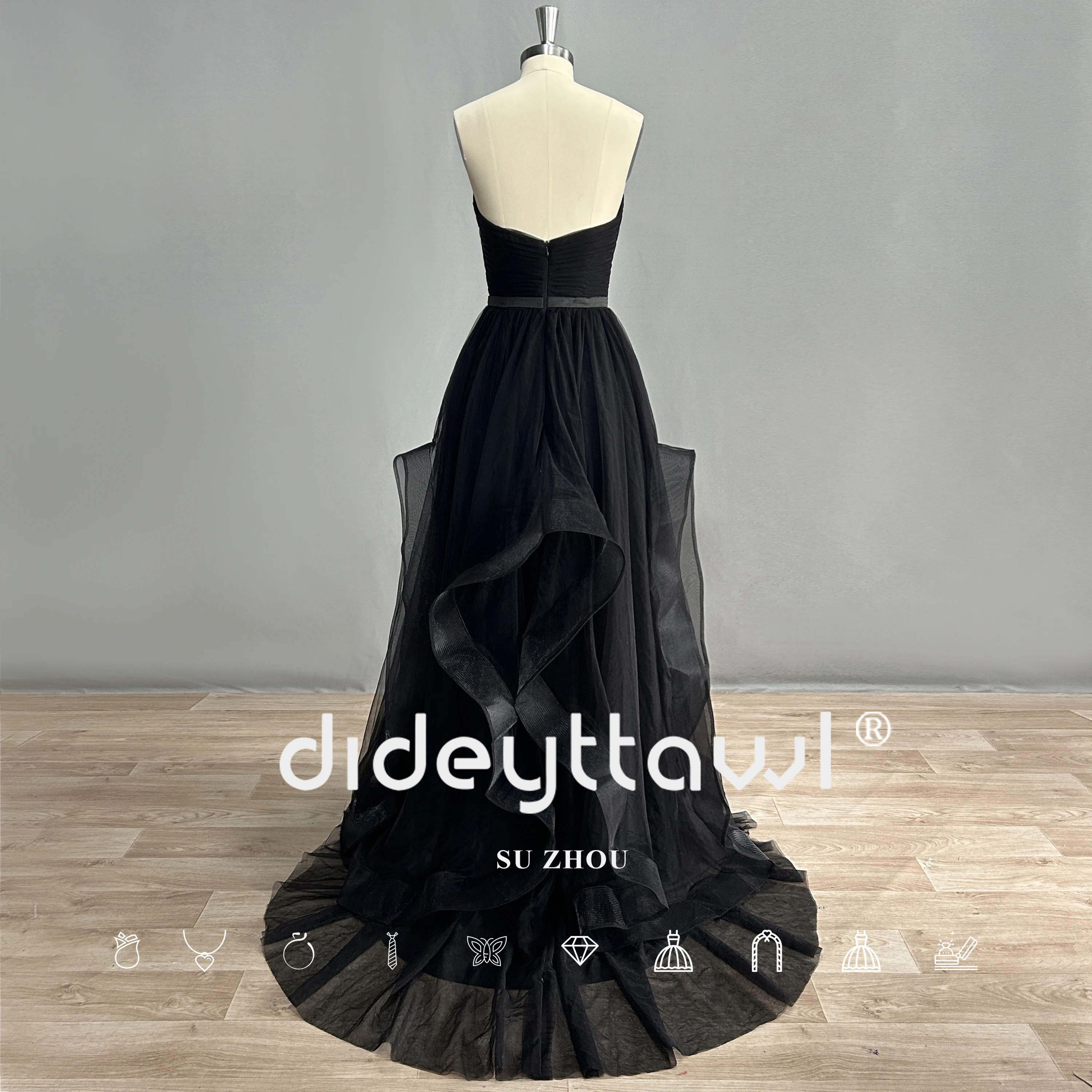 DIDEYTTAWL Actual Image Black Ruffles Pleated Strapless Tulle Prom Gown V Neck Sleeveless A Line Gothic Evening Dress