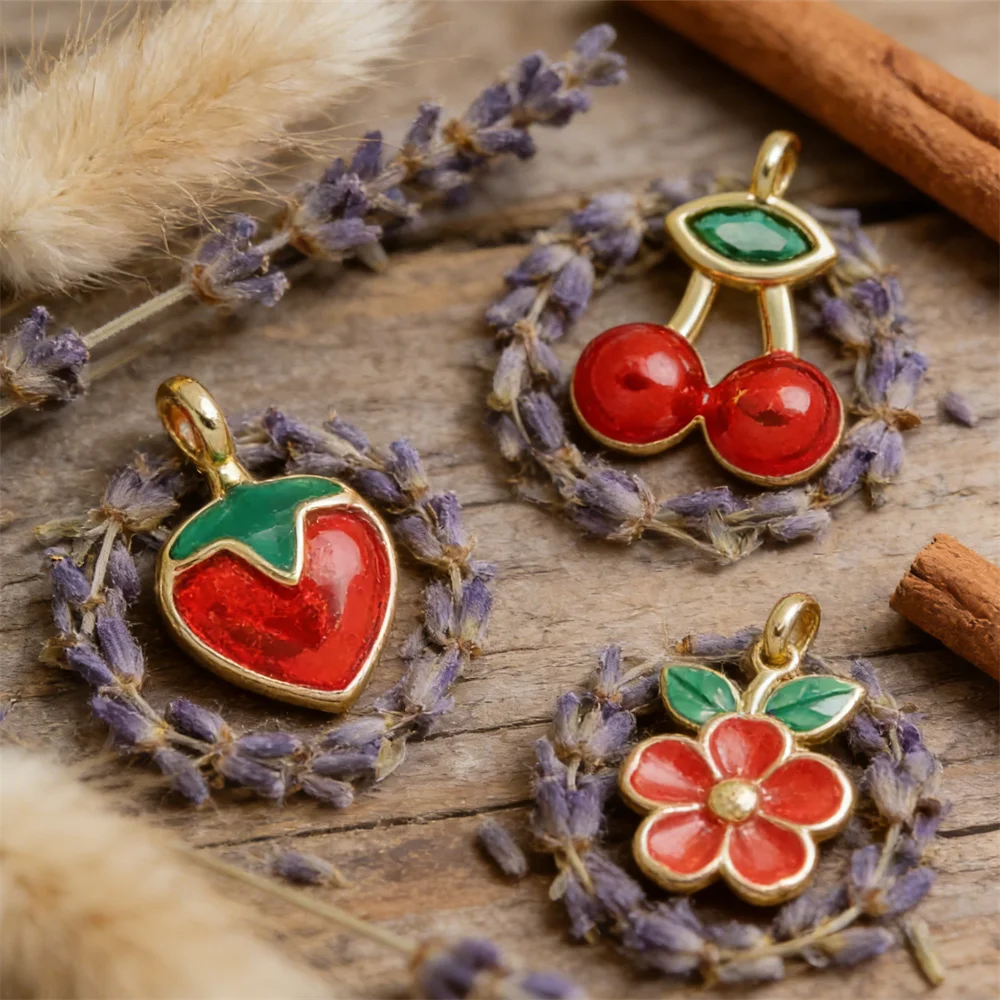4Pcs Pendant Cute Strawberry Cherry Apple Tulip Charm Brass Handmade Enamel Zircon for DIY Jewelry Bracelet Necklace Accessories