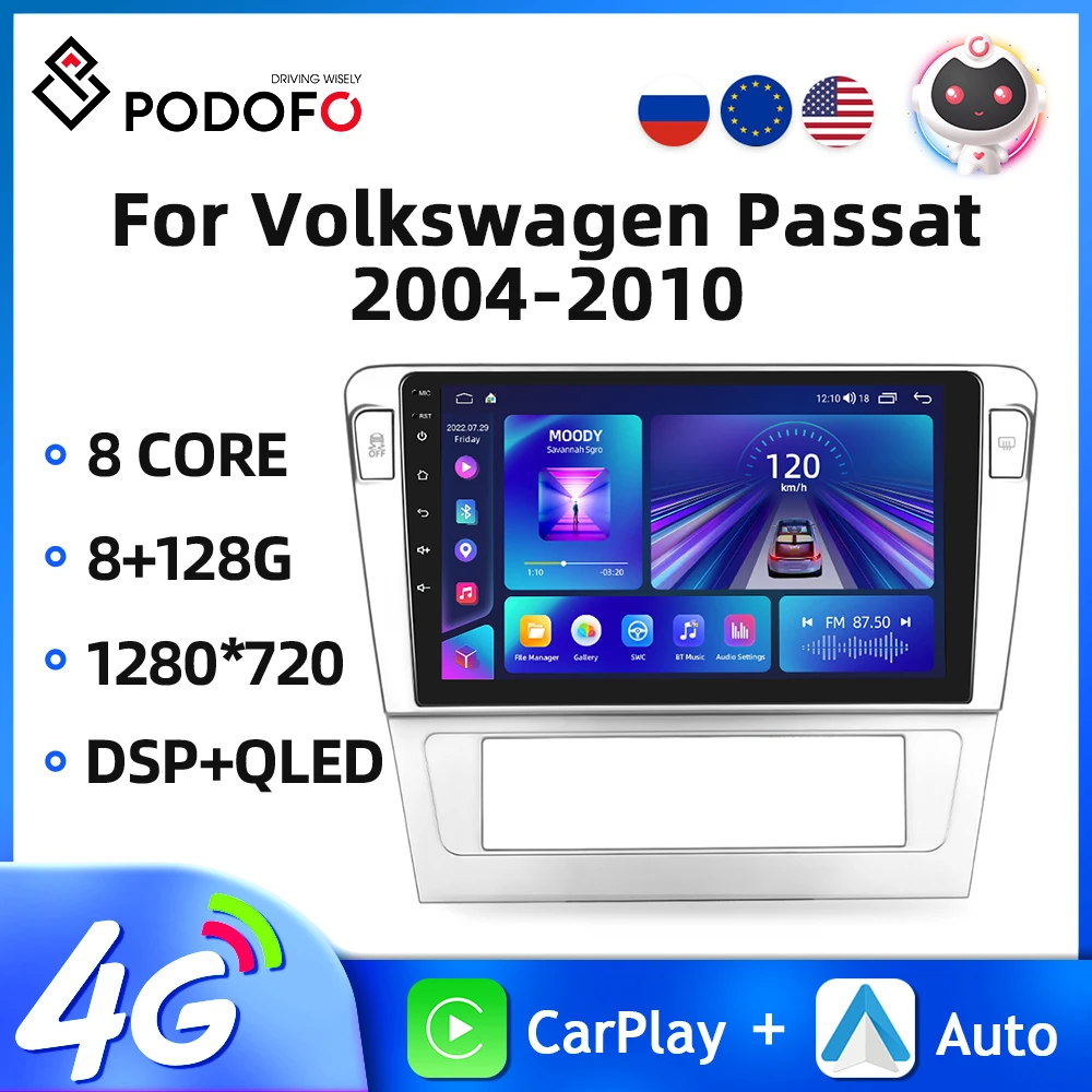 

Podofo Android 10 Car Radio For Volkswagen Passat 2004-2010 2Din Multimedia Video Player GPS 4G WIFI Carplay Auto Car Stereo DSP