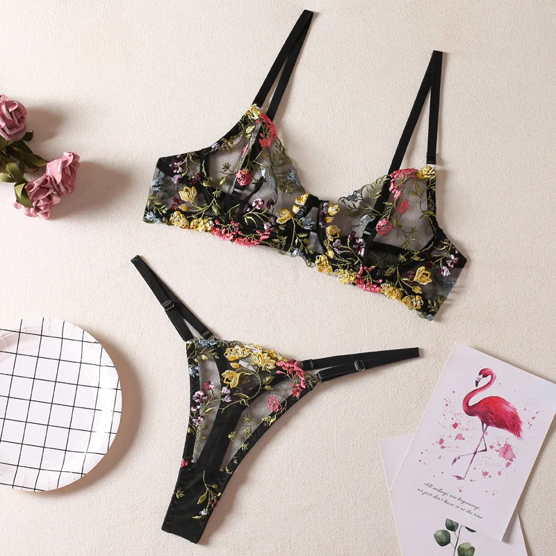 

French Style Feminine Small Floral Single Layer Underwire Bra and Thong Sexy Lingerie Set