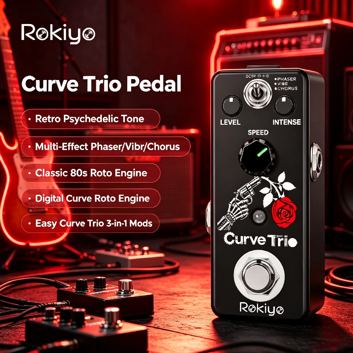Rokiyo Digital Curve Trio 3-in-1 Multi-effects Guitar Pedal Phaser/Vibrato/Chorus Classic 80s Retro Psychedelic Tone Roto Engine