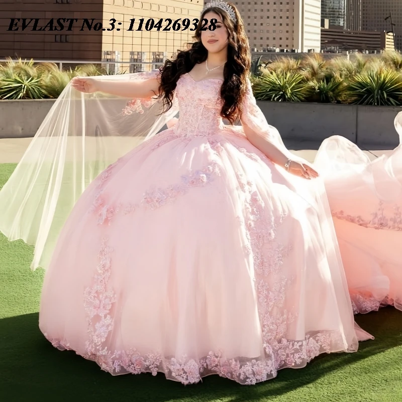 EVLAST Maßgeschneidertes glitzerndes rosa Quinceanera-Kleid, Ballkleid, Blumenspitze, Perlenstickerei, Umhang, Sweet 16, Vestidos de 15 Anos E3Q688