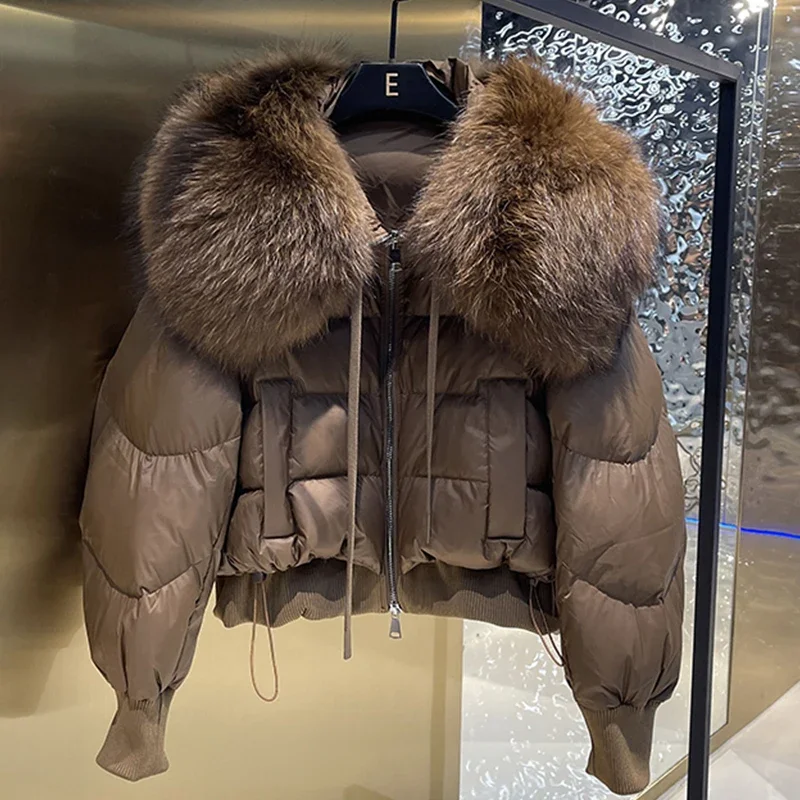 

Winter Women Down Jacket Short Thick Warm Puffer Coat Fashion Outerwear With Super Large Fur Collar