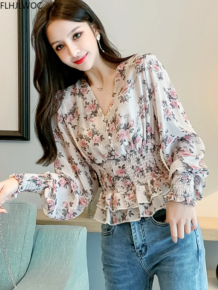 2022 Autumn Cute Tops Women Long Sleeve Korean Japanese V Neck Slim Waist Ruffled Peplum Floral Chiffon Shirts Blouse 120