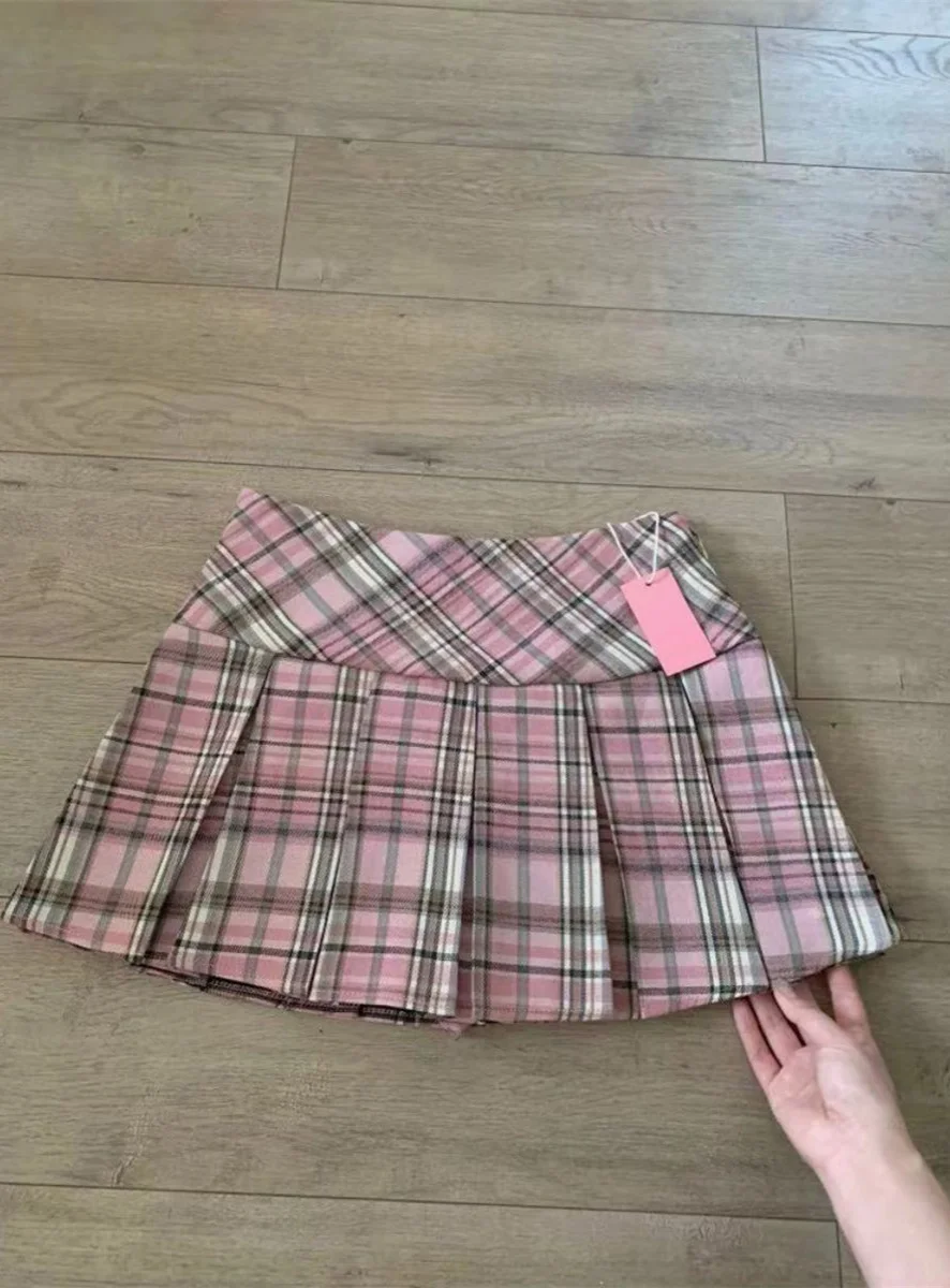 

Pink Plaid Half Skirt Women's Summer New High Waist Slimming School Style Anti-Light JK Short Skirt INS Commute Style Pure Color